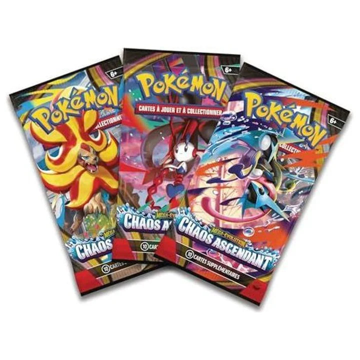 3 boosters Pokémon TCG Méga-Évolution Chaos Ascendant – illustrations Braségali, Floette et Amphinobi