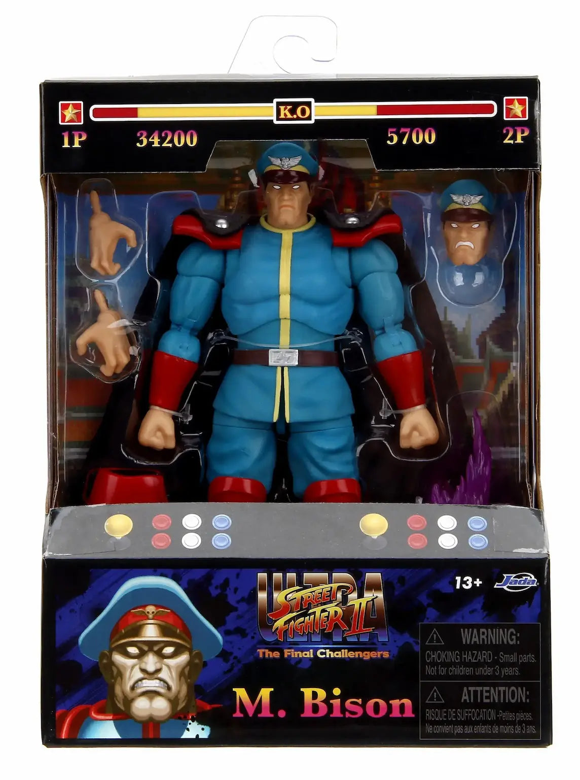 Figurine Street Fighter 2 M. Bison Player 2 Variant échelle 1:12 Jada Toys - Vue de face dans sa boîte collector arcade