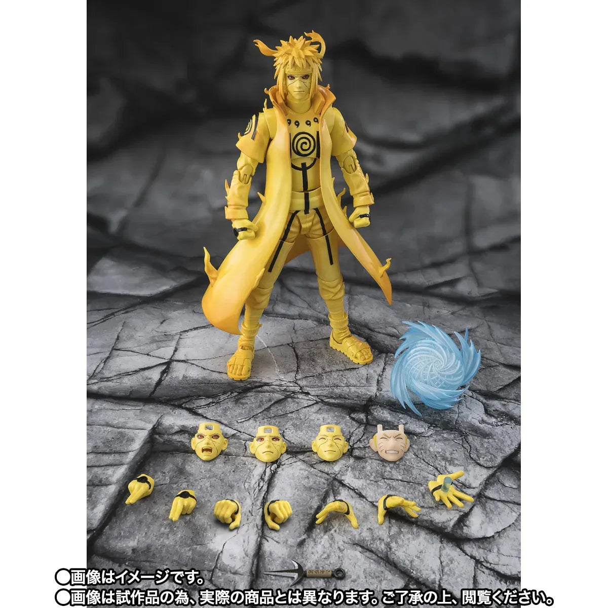 Set complet S.H.Figuarts Minato Namikaze – mains interchangeables, visages, Rasengan, kunai – Naruto Shippuden