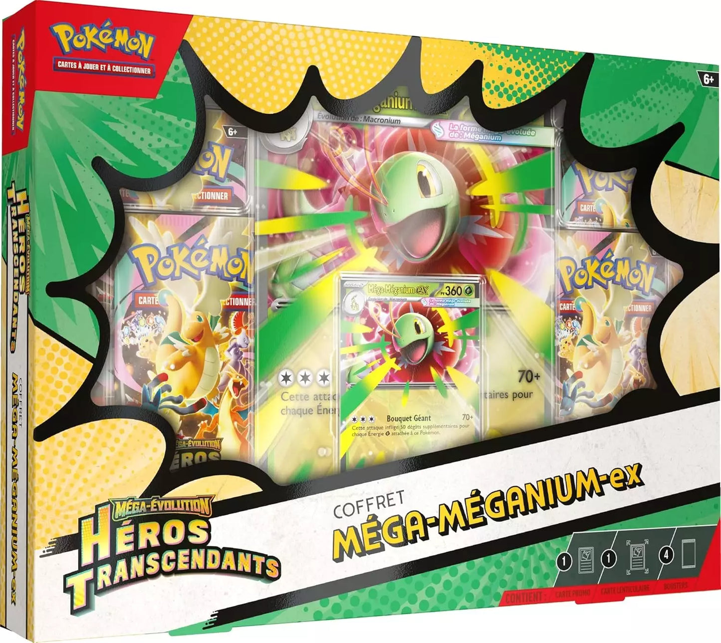 Coffret Ex Pokémon ME2.5 Méga-Évolution – 4 Boosters - Héros Transcendants - Méga Méganium Ex - édition française
