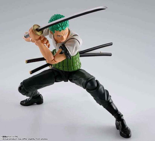 Figurine Roronoa Zoro Romance Dawn S.H.Figuarts Bandai - vue profil trois sabres One Piece
