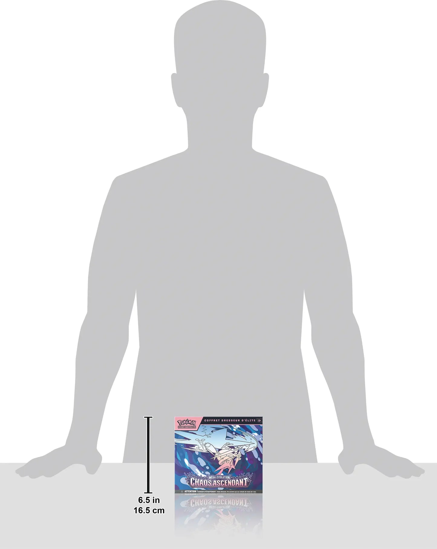 Vue d'ensemble avec échelle (FR) Coffret Dresseur d'Élite ETB Pokémon ME04 Méga-Évolution Chaos Ascendant – vue complète – version française
