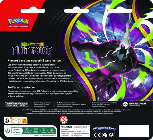 Blister 3 boosters Pokémon ME05 Méga-Évolution Nuit Noire - dos - contenu JCC français