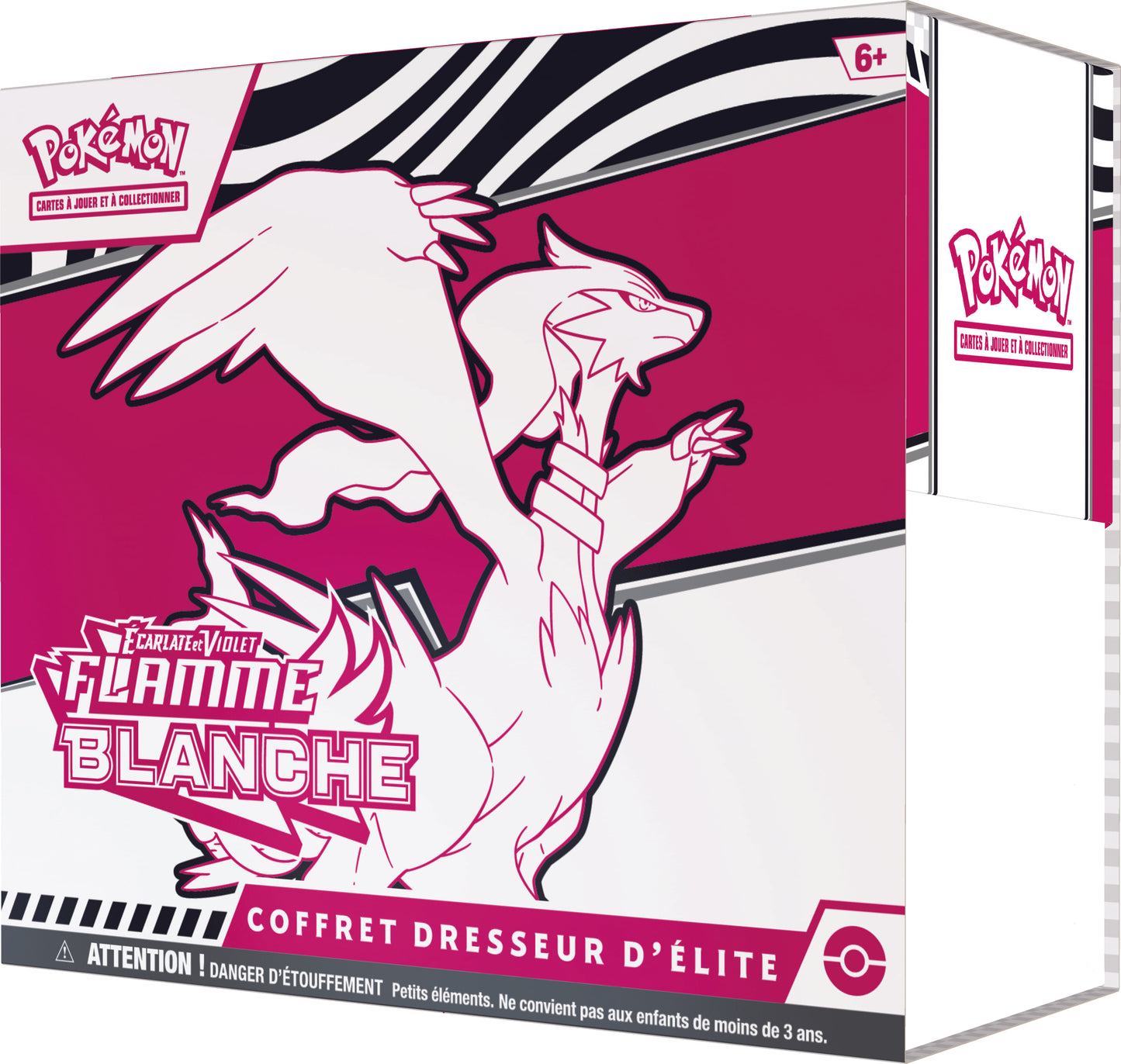 Vue latérale du coffret Pokémon Dresseur d'Élite Écarlate et Violet Flamme Blanche