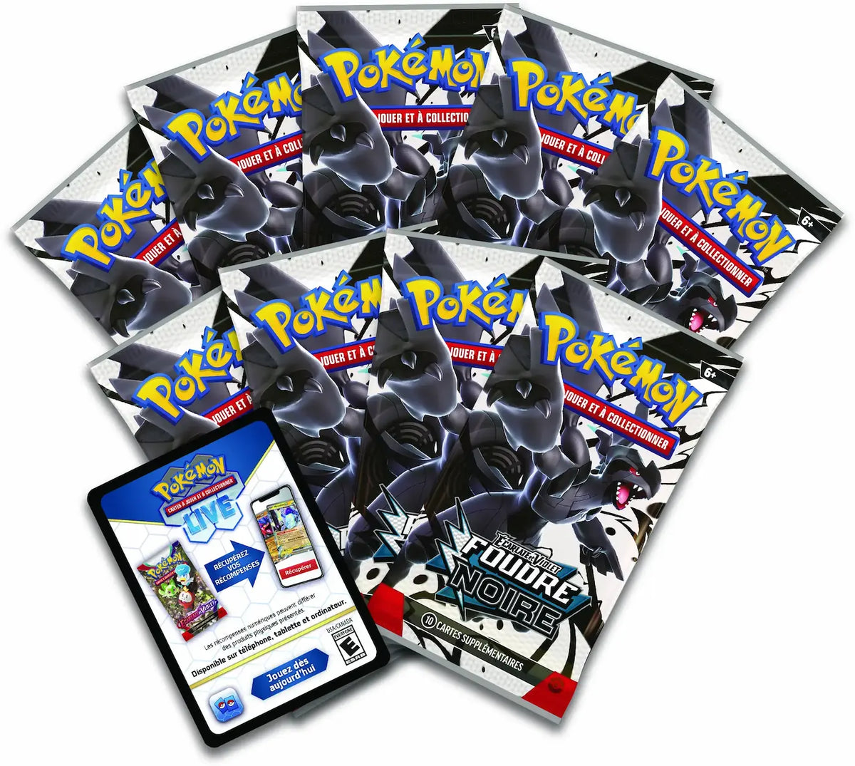 Boosters Pokémon Foudre Noire emballés inclus dans le coffret Dresseur d'Élite