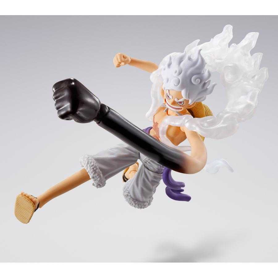 Figurine S.H.Figuarts Monkey D. Luffy Gear 5 - Vue de profil montrant les détails de la transformation Gear 5