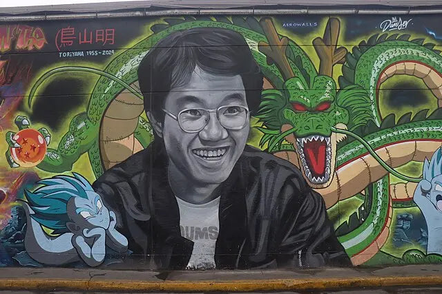 Histoire de Dragon Ball - Mural street art représentant Akira Toriyama et les personnages emblématiques de la franchise