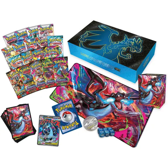 Contenu du coffret Ultra-Premium Méga-Dracaufeu X-ex Pokémon TCG – boosters, cartes promo, figurine et accessoires