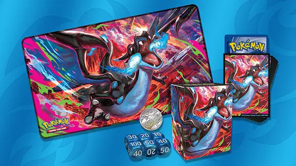 Accessoires du coffret Ultra-Premium Méga-Dracaufeu X-ex – tapis de jeu, protège-cartes, dés et pièce collector Pokémon
