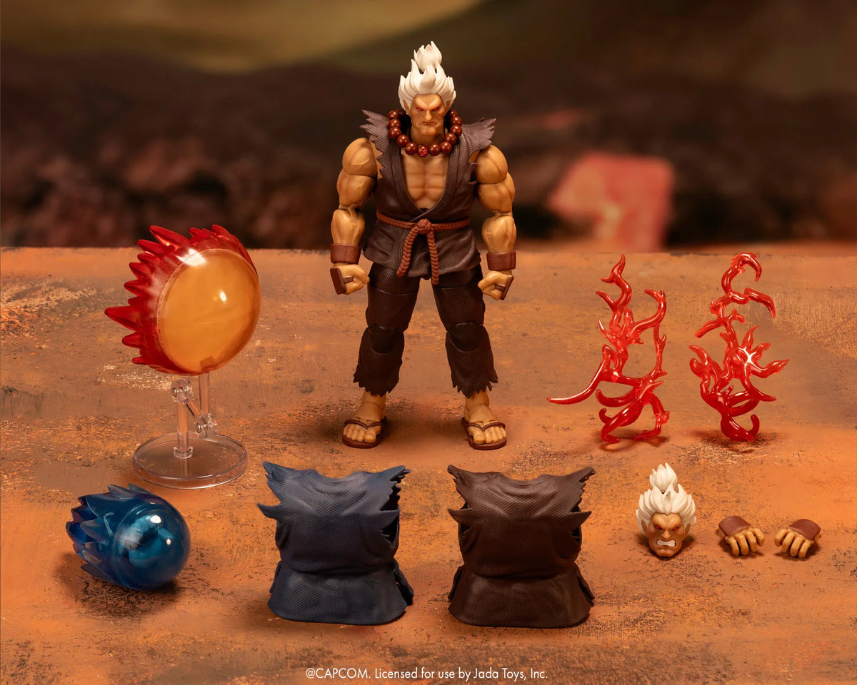 Figurine Akuma de luxe Jada Toys avec tête, mains et éléments de kimono interchangeables, effets d’énergie et support