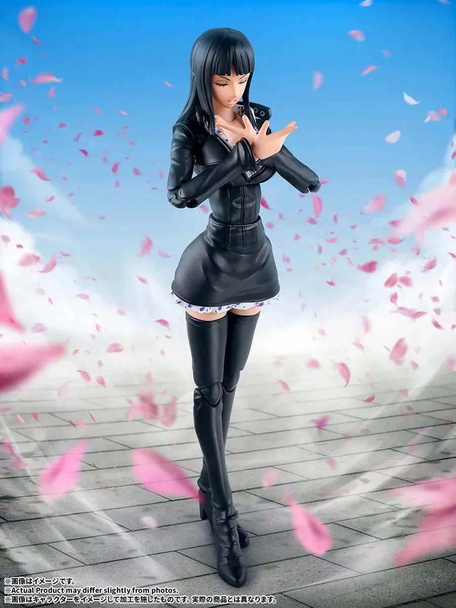 S.H.Figuarts Nico Robin One Piece Enies Lobby - vue complète tenue noire cuir, pose signature Fleur-Fleur