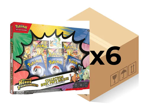 Case de 6 coffrets Pin's Deluxe Pokémon ME2.5 – Premiers Partenaires Méga-Évolution Héros Transcendants FR