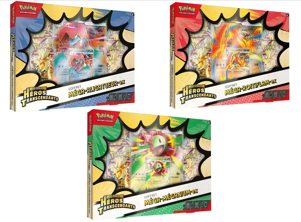 Artset Pokémon ME2.5 – 3 Coffrets Ex 4 Boosters Méga-Évolution Héros Transcendants FR