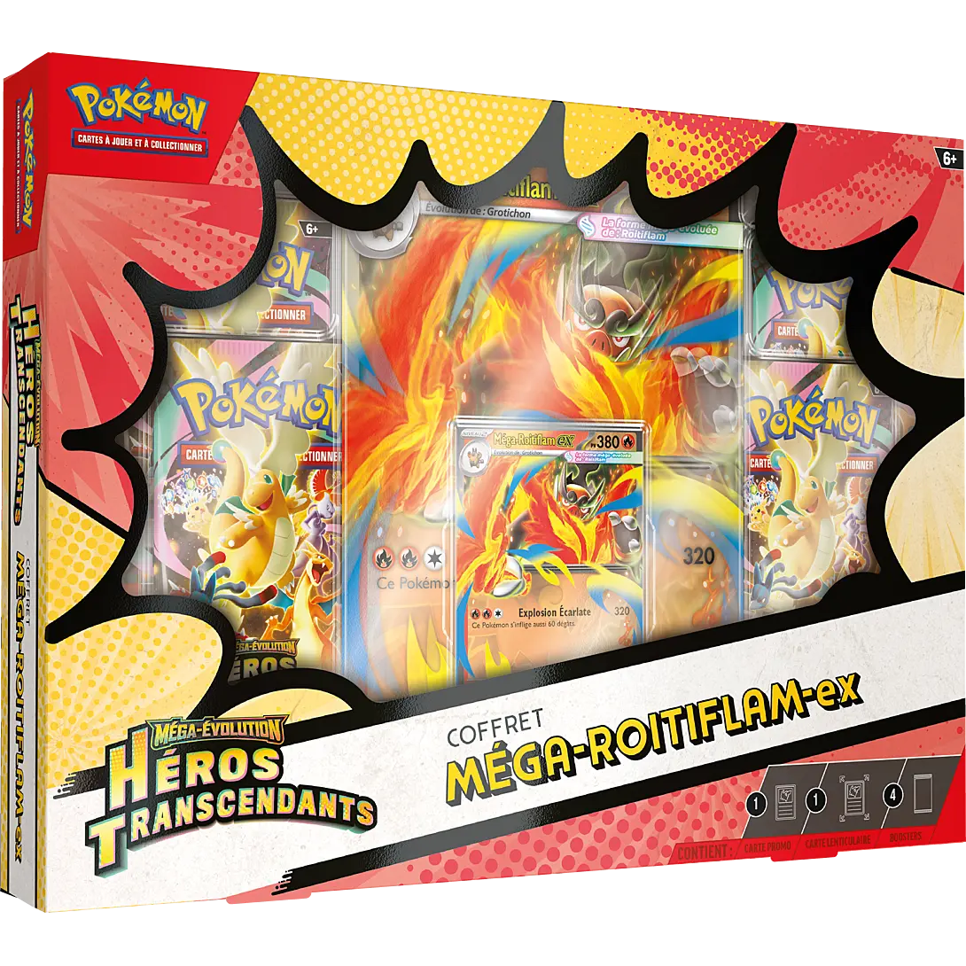 Coffret Ex Pokémon ME2.5 Héros Transcendants Méga-roitiflam-ex – 4 boosters JCC français