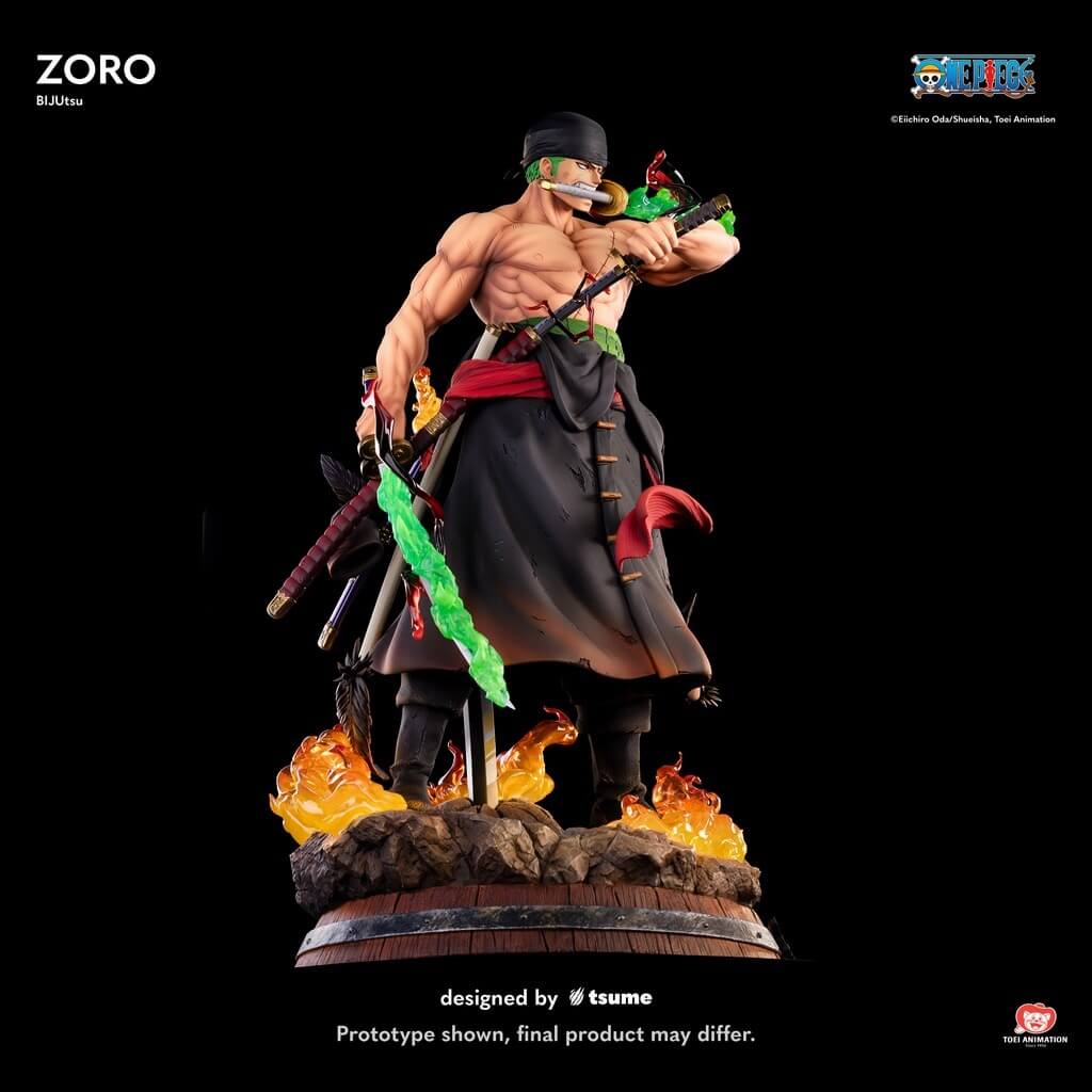 Statue Tsume Roronoa Zoro Bijutsu vue profil trois sabres style Santoryu ONE PIECE résine 1/4
