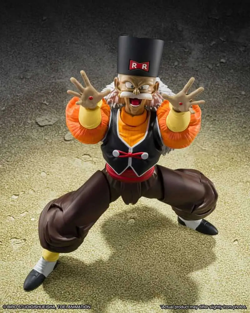 Figurine Android 20 Dr. Gero S.H.Figuarts Bandai - zoom tête visage moustache et paumes ouvertes Dragon Ball Z