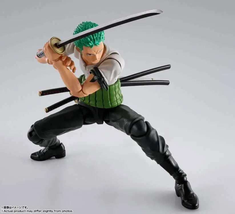 Figurine Roronoa Zoro Romance Dawn S.H.Figuarts Bandai  - vue profil trois sabres One Piece