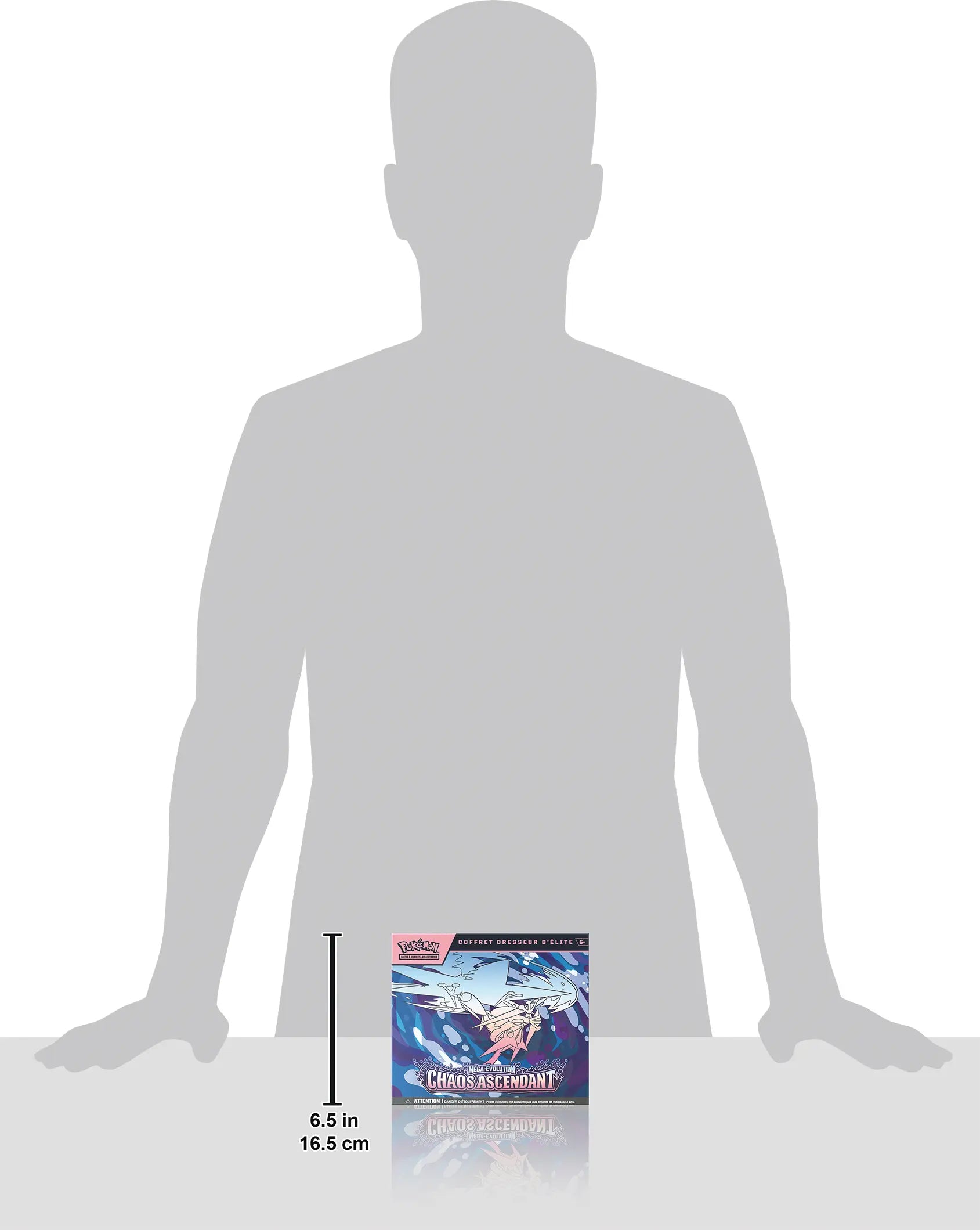 Vue d'ensemble avec échelle (FR) Coffret Dresseur d'Élite ETB Pokémon ME04 Méga-Évolution Chaos Ascendant – vue complète – version française
