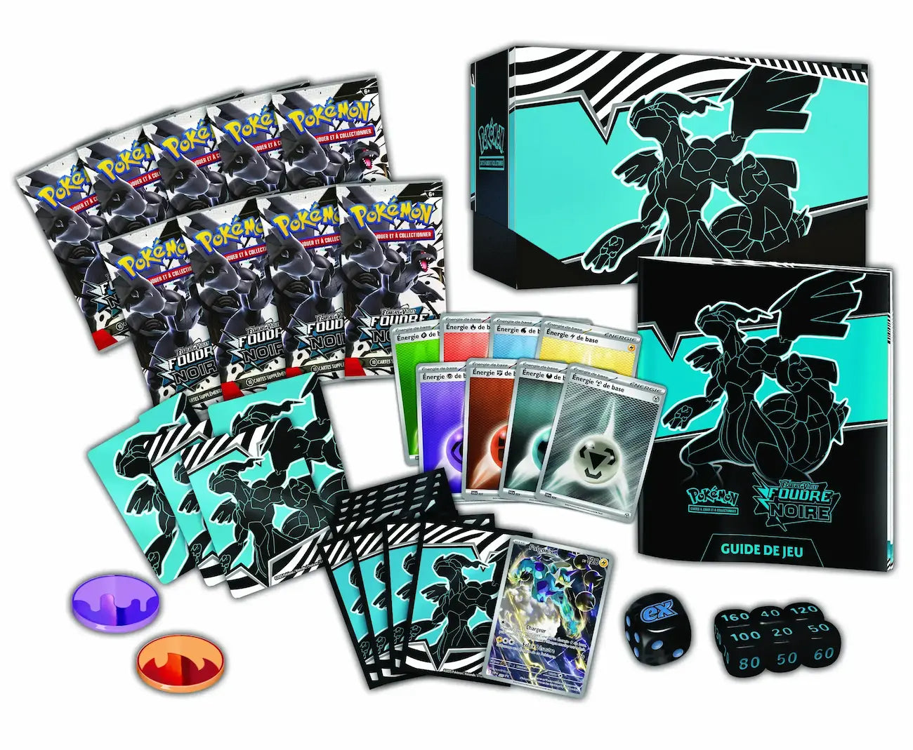 Contenu complet du Coffret Dresseur d'Élite Foudre Noire avec boosters et accessoires