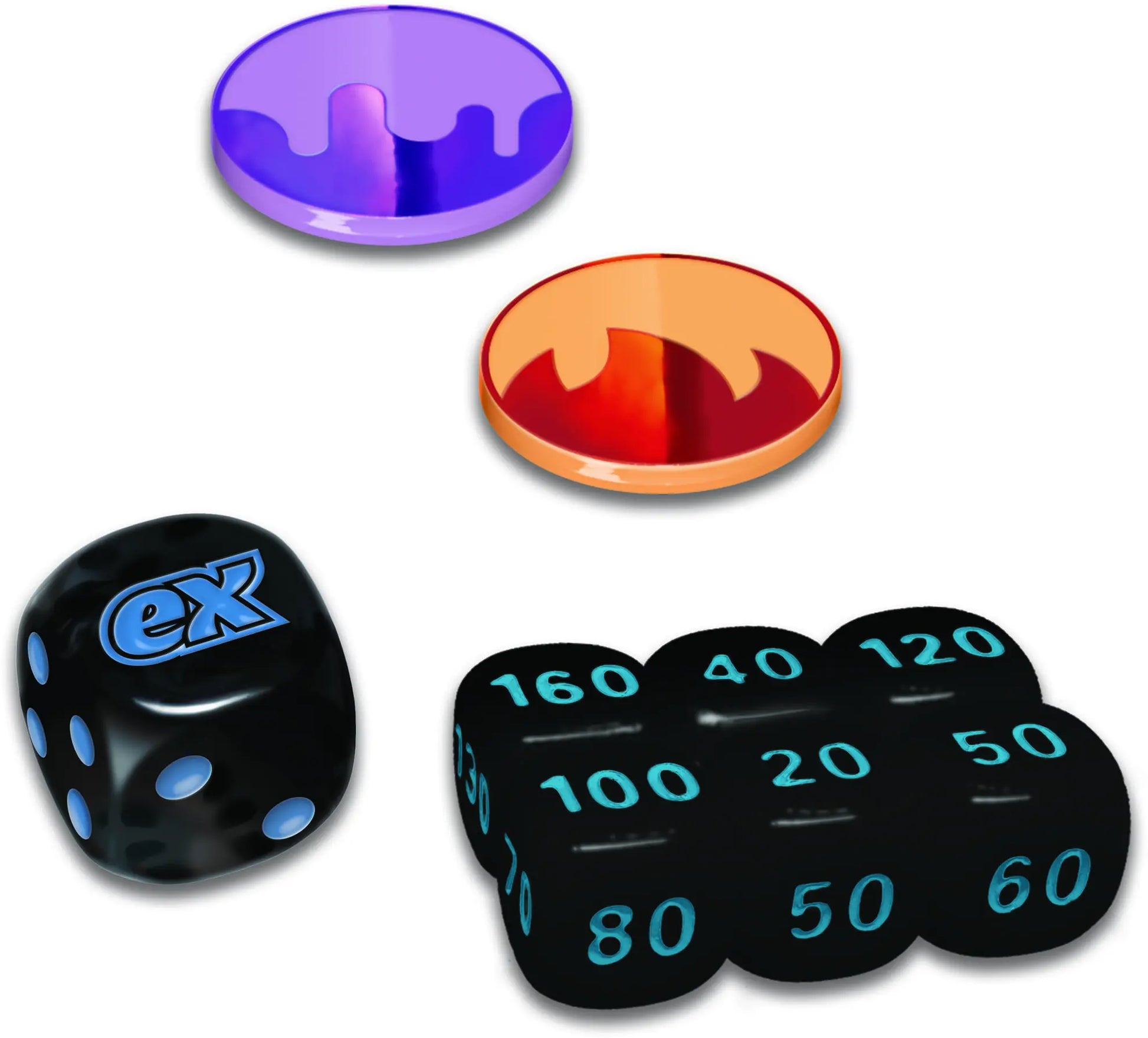 Ensemble des dés et marqueurs du coffret Foudre Noire