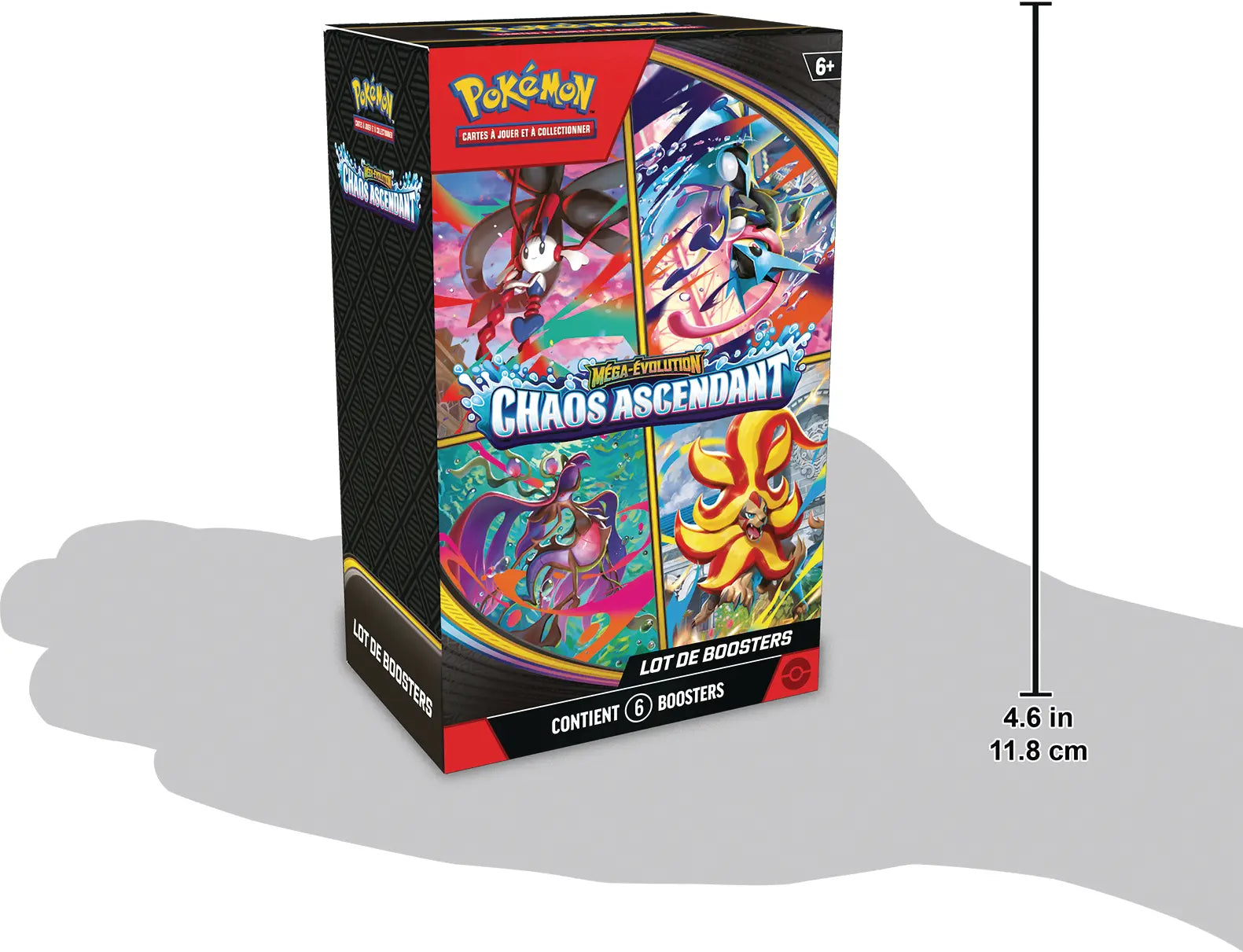 Vue d'ensemble avec échelle (FR) Bundle 6 Boosters Pokémon ME04 Méga-Évolution Chaos Ascendant – vue complète – version française