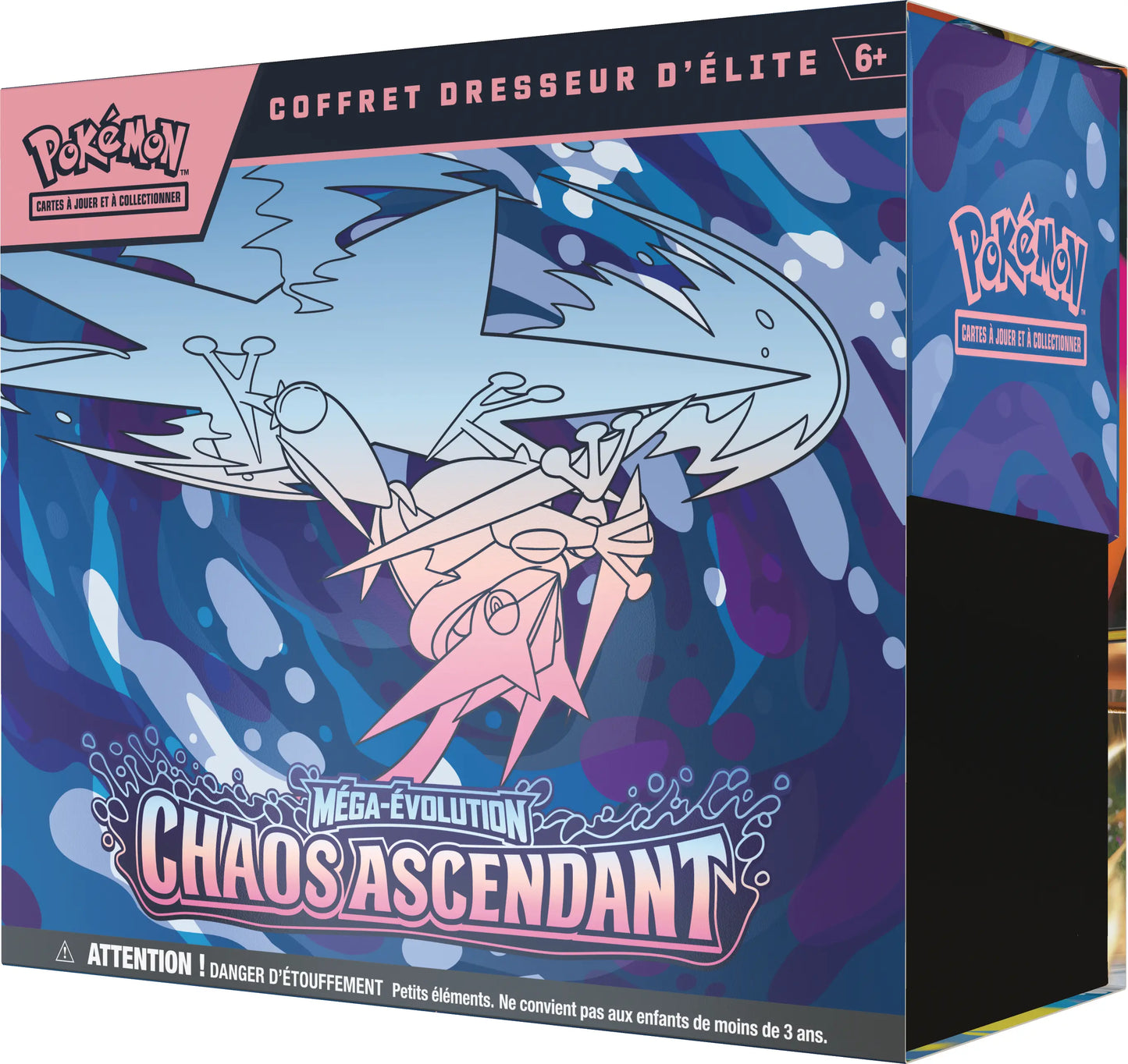 Boîte extérieure vue droite (FR) Coffret Dresseur d'Élite Pokémon ME04 Méga-Évolution Chaos Ascendant – vue droite – version française