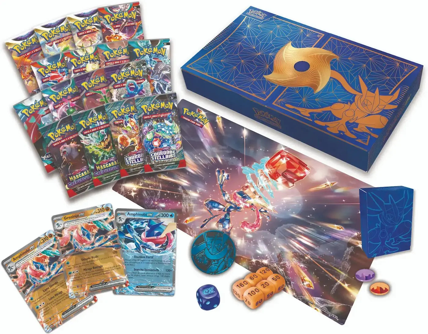 Coffret Pokémon Ultra-Premium Amphinobi-ex avec boosters et accessoires exclusifs