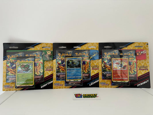 Artset Pokémon JCC 3 Tripack Zénith Suprême EB12.5 - Vue d'ensemble du produit avec Lézargus, Pyrobut et Gorythmic