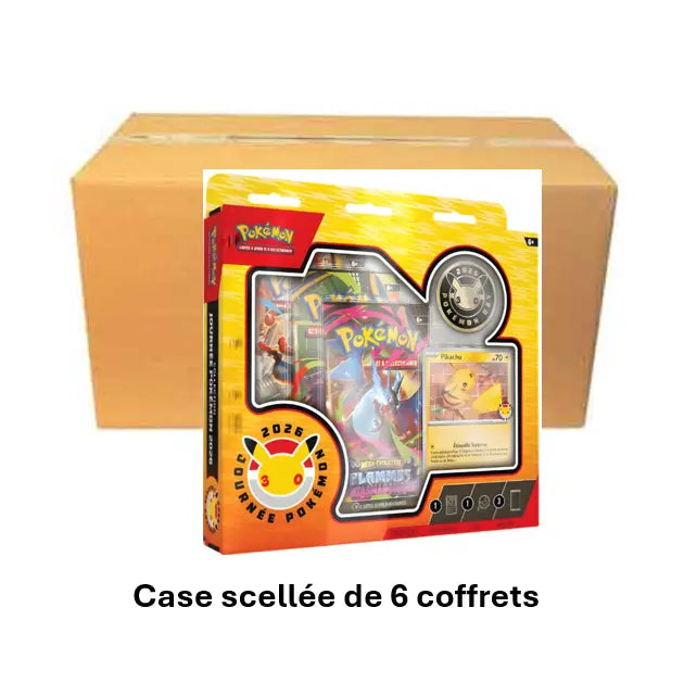 Coffret 30 ans Pokémon Day 2026 Méga-Evolution avec carte Pikachu promo, pièce métallique et 3 boosters en français