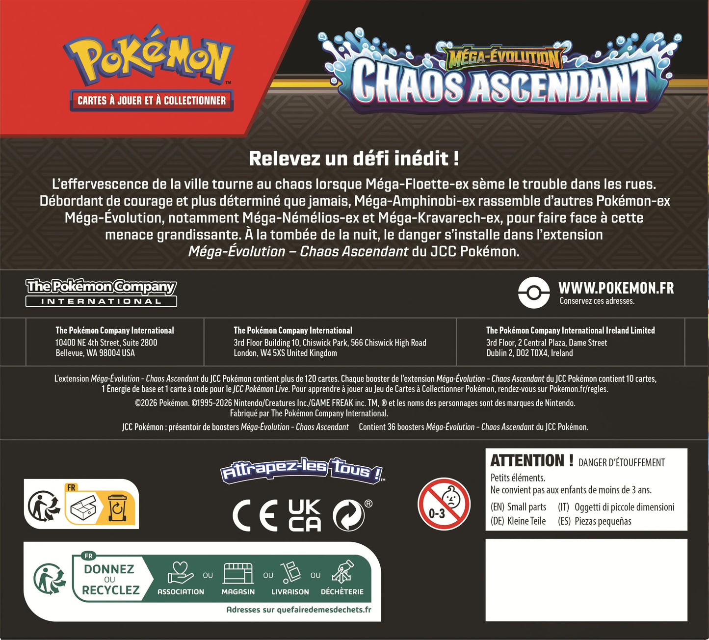 Display 36 boosters dos Display 36 Boosters Pokémon ME04 Méga-Évolution Chaos Ascendant VF – vue arrière