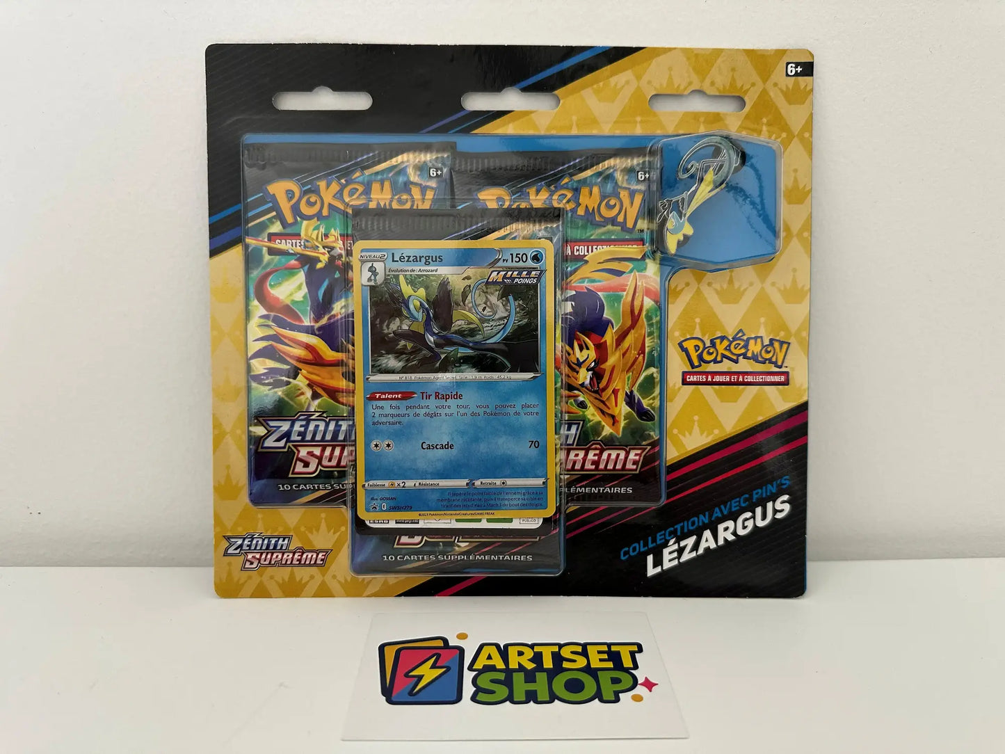 Contenu du Tripack Lézargus avec carte promo et boosters Zénith Suprême
