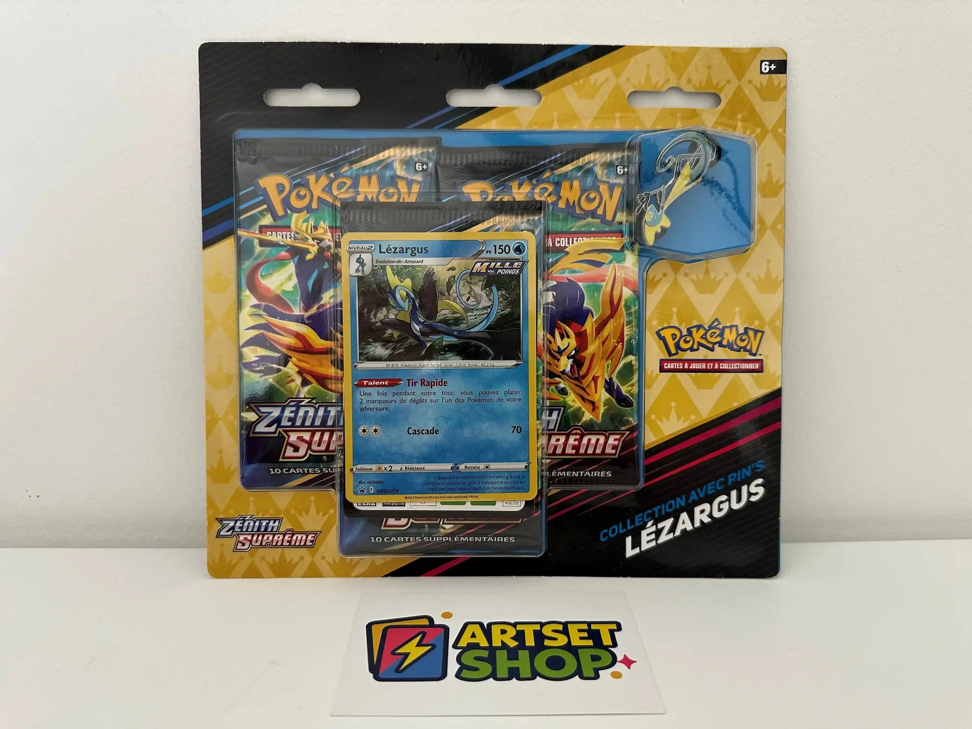 Contenu du Tripack Lézargus avec carte promo et boosters Zénith Suprême
