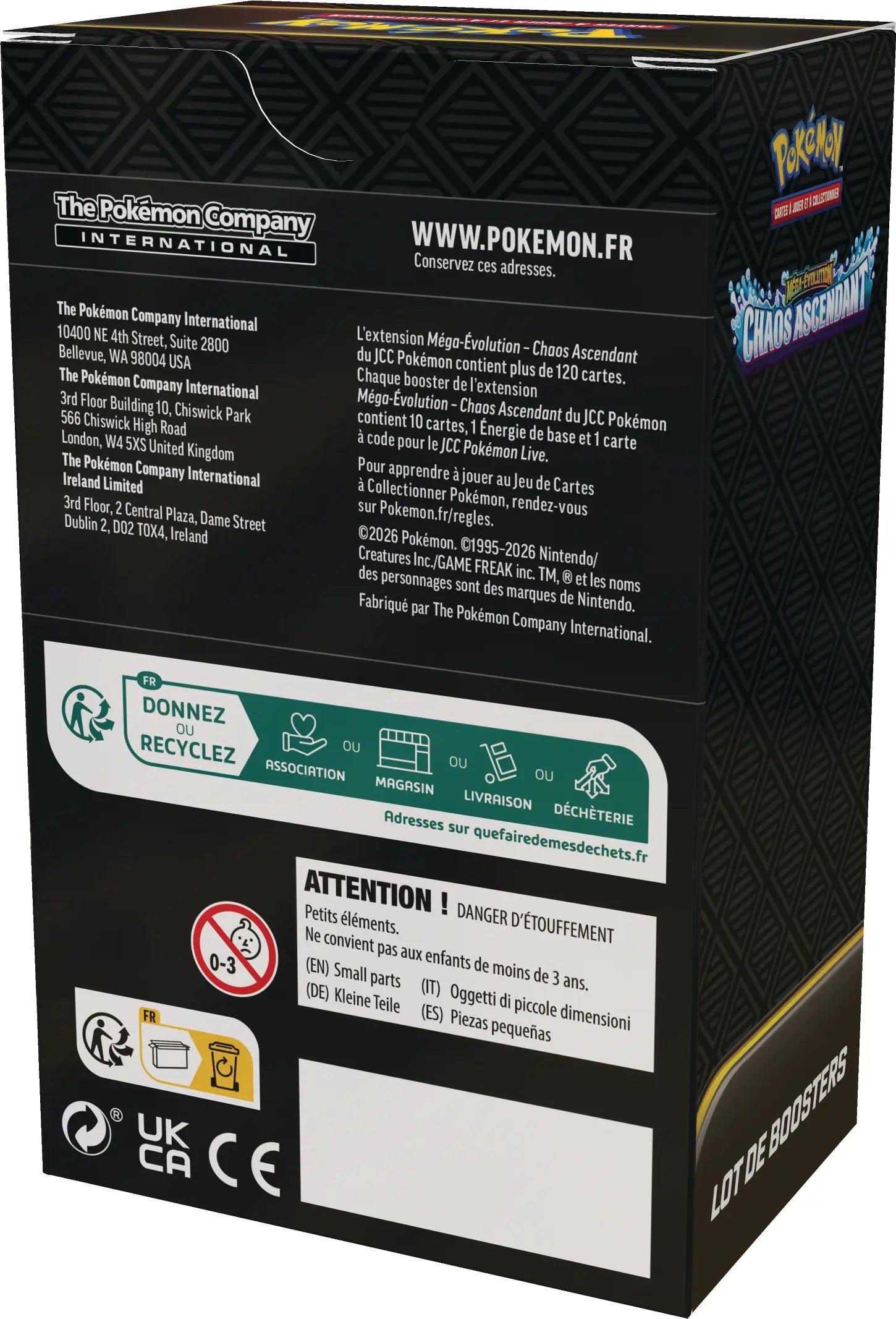 Boîte bundle dos (FR) Bundle 6 Boosters Pokémon ME04 Méga-Évolution Chaos Ascendant – vue arrière – version française