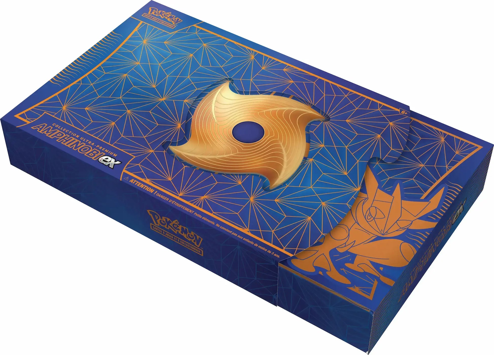 Boîte intérieure du coffret Amphinobi-ex avec cartes promo et boosters Pokémon