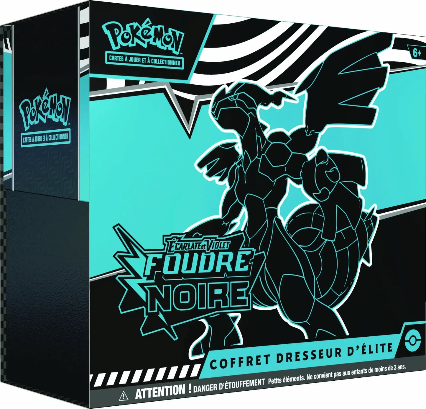 Vue latérale gauche du Coffret Dresseur d'Élite Foudre Noire Écarlate et Violet