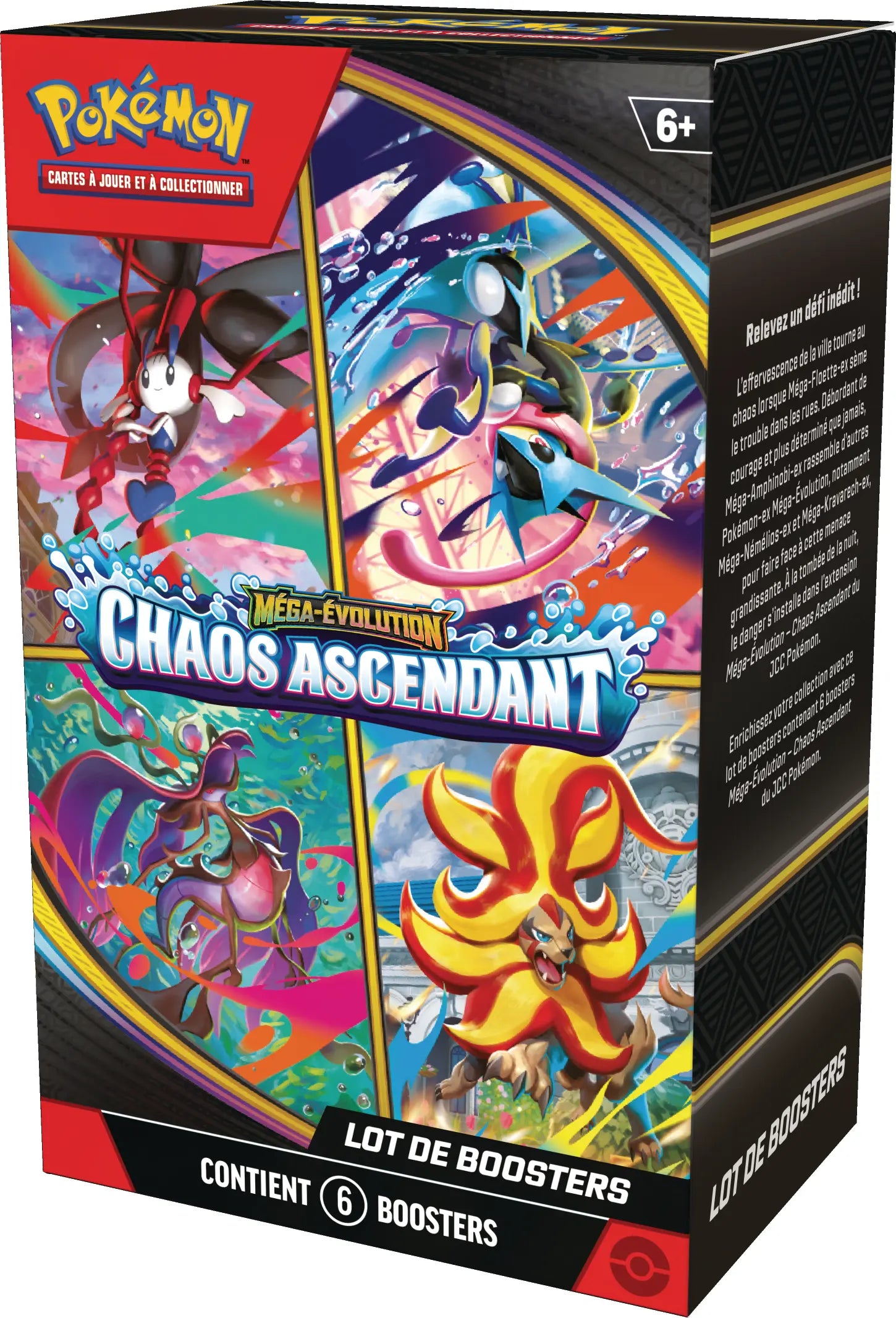 Boîte bundle vue droite (FR) Bundle 6 Boosters Pokémon ME04 Méga-Évolution Chaos Ascendant – vue droite – version française
