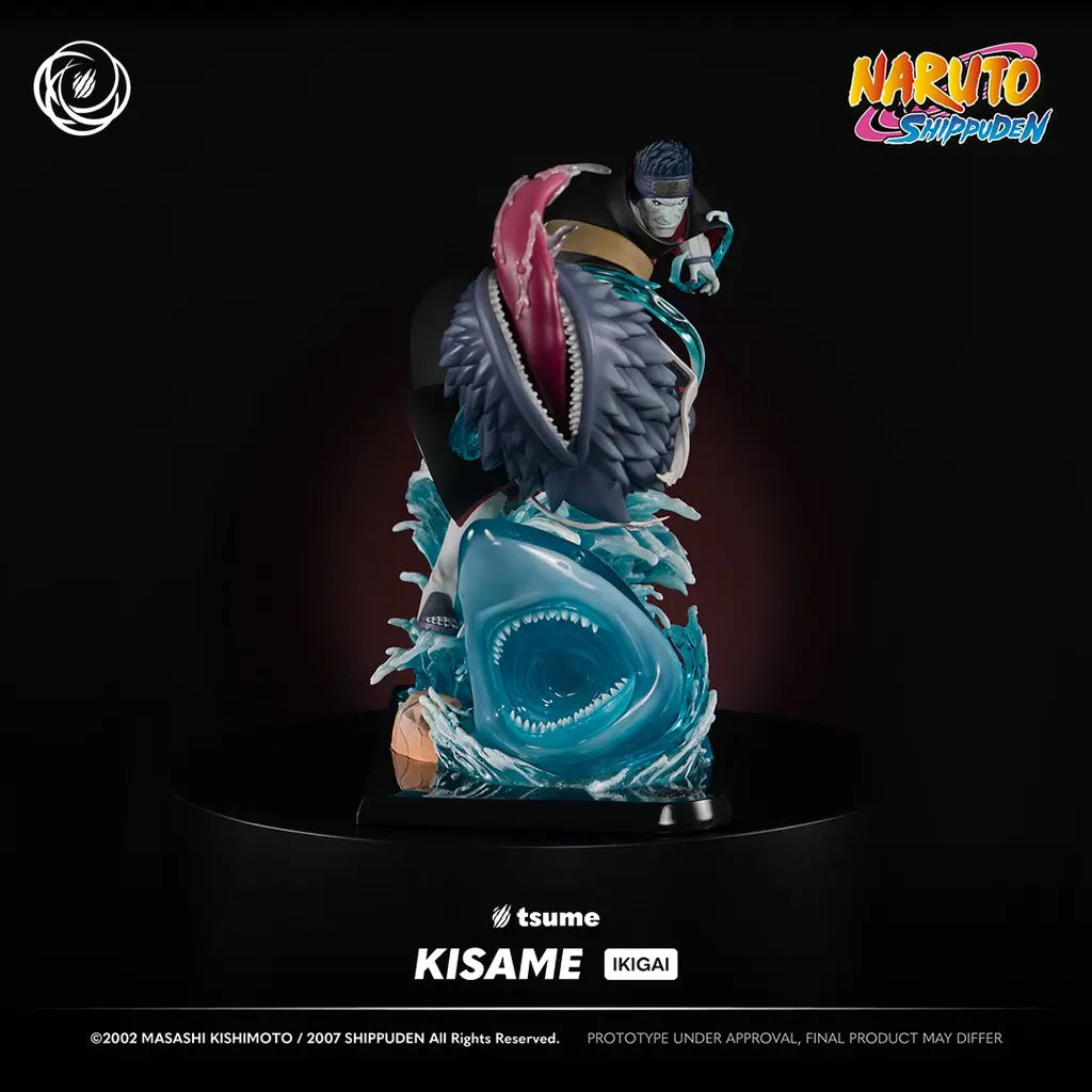Statue Kisame Ikigai Tsume – vue 3/4 face, cape Akatsuki et vague Suiton bleue translucide – Naruto 1/6