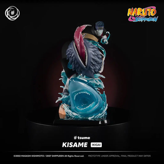Statue Kisame Ikigai Tsume – vue 3/4 face, cape Akatsuki et vague Suiton bleue translucide – Naruto 1/6