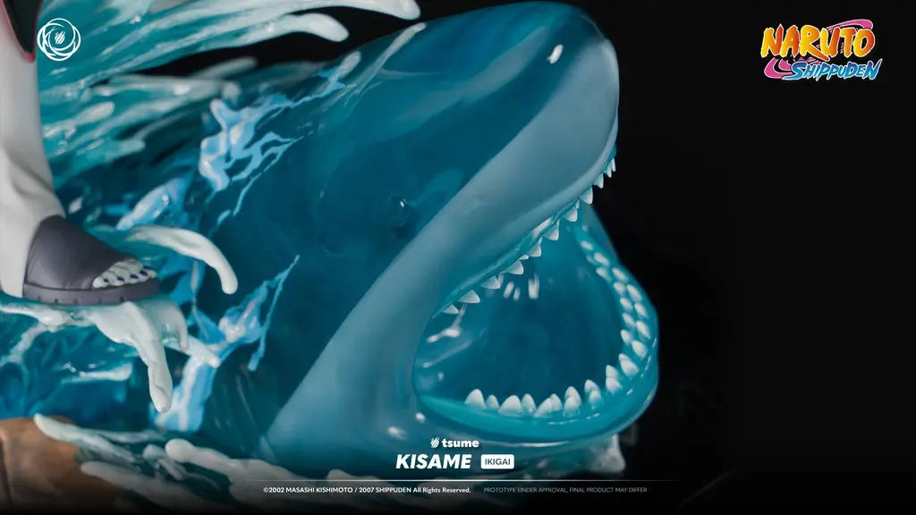 Gros plan requin Suiton statue Kisame Ikigai Tsume – résine bleue translucide, gueule grande ouverte – Naruto collector