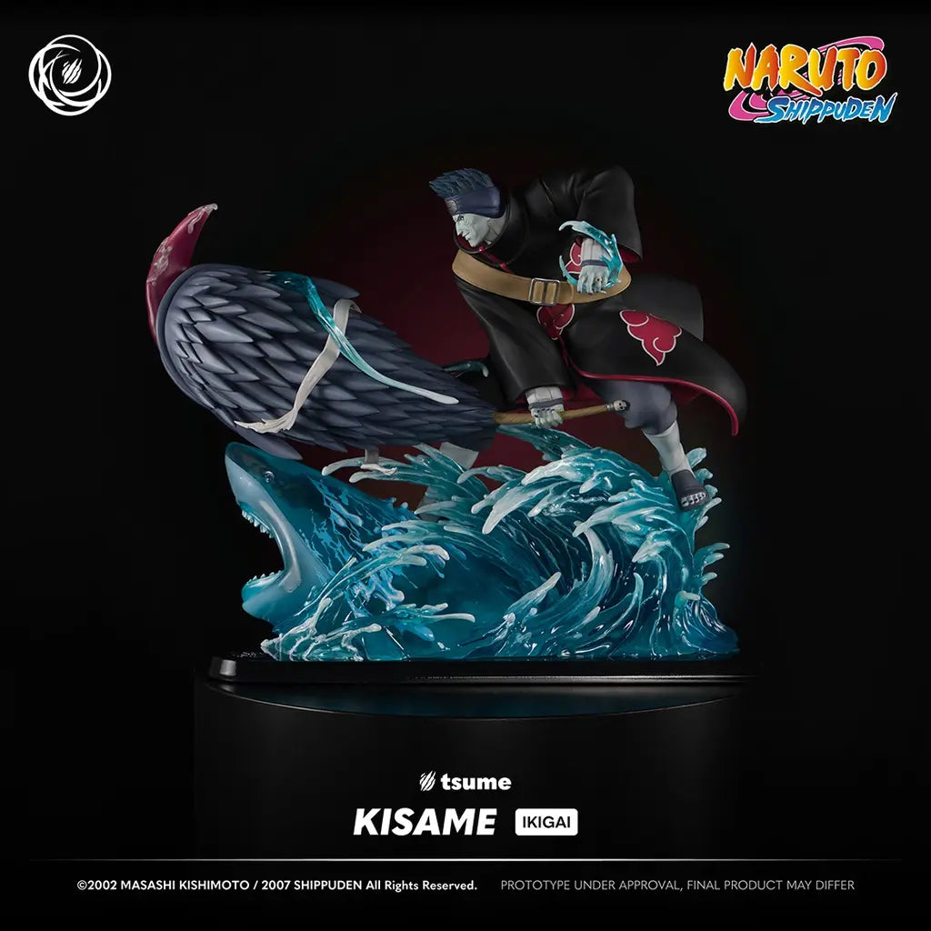 Statue Kisame Ikigai Tsume – vue latérale gauche, posture de combat dynamique sur vague résine bleue – Naruto 1/6