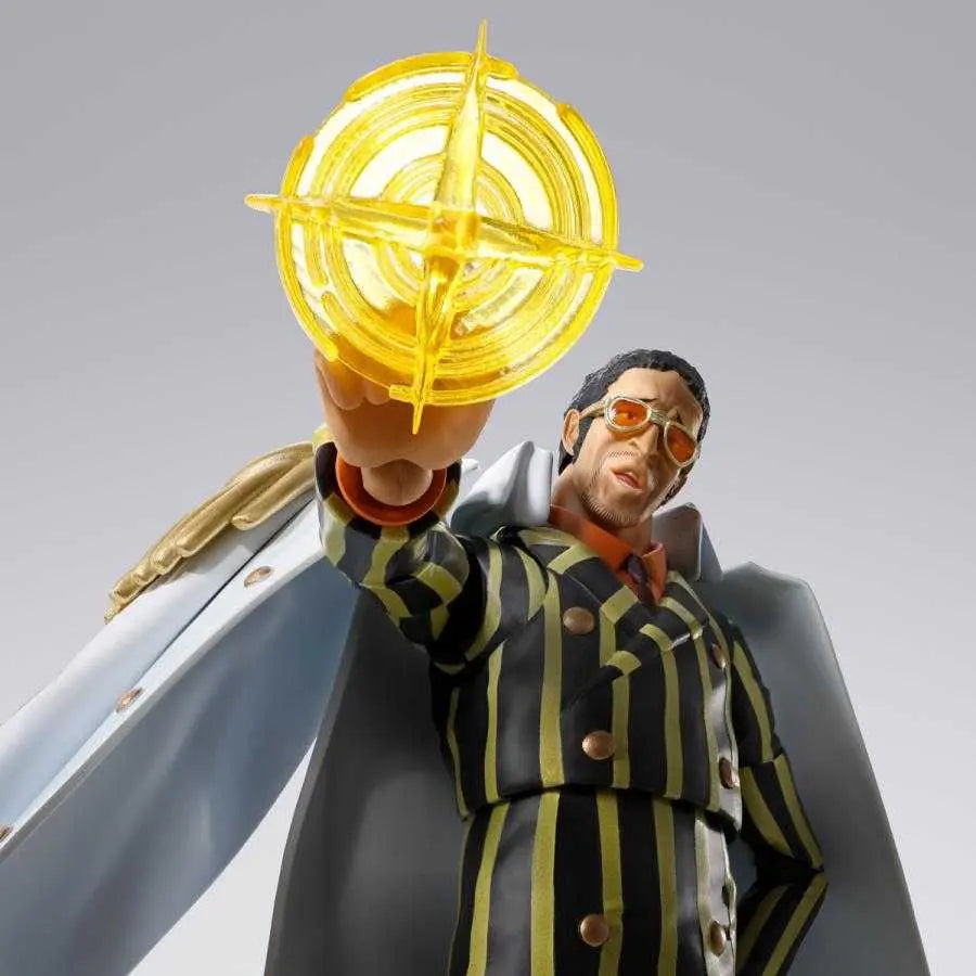 Figurine Borsalino Kizaru Future Island Egghead S.H.Figuarts Bandai - gros plan visage lunettes One Piece