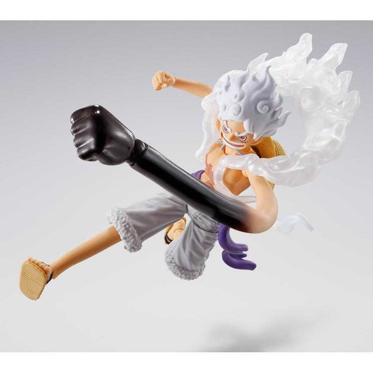 Figurine S.H.Figuarts Monkey D. Luffy Gear 5 - Vue de profil montrant les détails de la transformation Gear 5