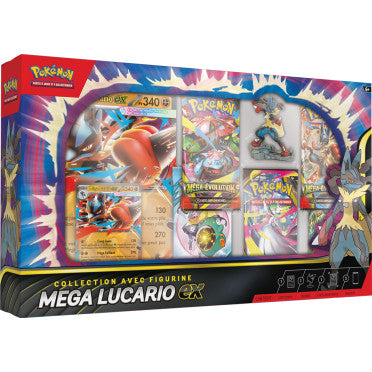 Coffret Pokémon Mega-Lucario-ex avec figurine, cartes promo et 5 boosters JCC
