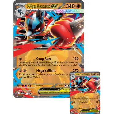 Contenu du coffret Mega-Lucario-ex : carte promo texturée brillante et carte grand format